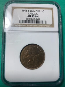US PHILIPPINES ONE CENTAVO 1918-S LARGE "S" NGC AU 53 BN SCARCE - Picture 1 of 5