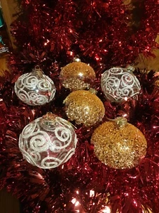 Glittery Sparkle Filled Glass Onion Baubles Hanging Decoration - Set Of 6 - 10cm - Picture 1 of 8