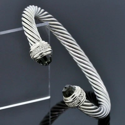 David Yurman Bracelet 7mm Sterling Silver Prasiolite Diamond Cable Classic Cuff - Image 1 of 3