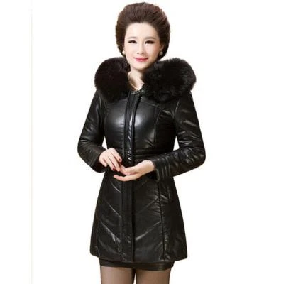 Mujeres Invierno Cuello de Piel Cálido Grueso Cuero Pato Plumón Abrigo Largo Parka Prendas de abrigo 821 Foto 1 de 4