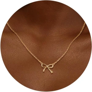 Bow Necklace 14K Real Gold Plated Choker Dainty Gold Pendant Bow Jewelry Trendy - Picture 1 of 12