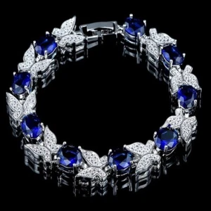 925 Sterling Silver 7" Lab-Created Blue Tanzanite Butterfly Tennis Bracelet - Picture 1 of 8