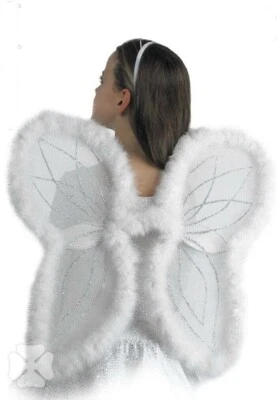 ali angelo con bordo con pelo bianche e argento 48x26 festa party carnevale - Immagine 1 di 2