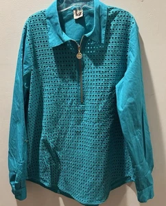 Anne Klein Womens Tunic Blouse Turquoise, Long Sleeve 1/4 Zip Sz Medium Cotton - Picture 1 of 12