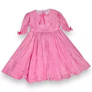 Vintage Girls 70s 80s Pink Silky Floral Lace Frilly Full Circle Dress 6 - 8 - Picture 1 of 16