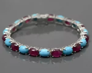 Natural Ruby & Blue Turquoise Oval Gemstone 925 Sterling Silver Tennis Bracelet - Picture 1 of 6