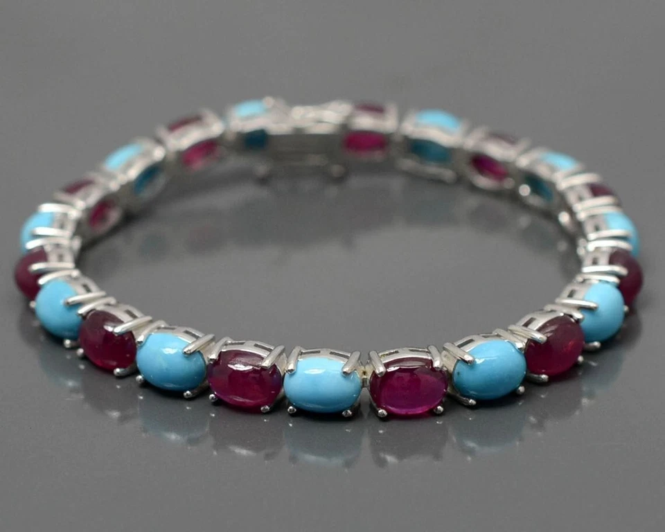Natürliche Rubin & Blau Türkis Oval Edelstein 925 Sterlingsilber Tennis Armband - Bild 1 von 4