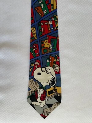 Peanuts Snoopy Woodstock Books Joe Preppy 1965 Silk Necktie Librarian - Image 1 of 3