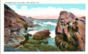 1930s ME Postcard Thunder Rock And Surf York Beach Ocean Rocks Distant Houses - Picture 1 of 2