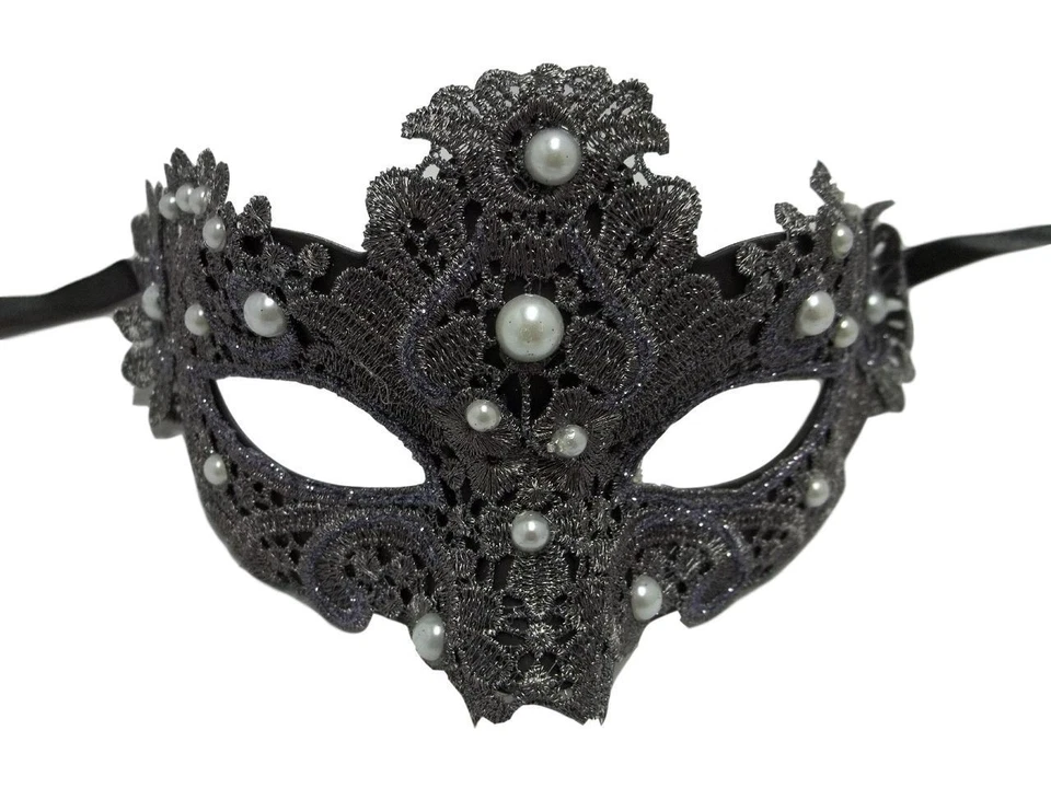 Dark Grey Pearl Macrame Lace Venetian Masquerade Mardi Gras Party Mask - Image 1 of 2