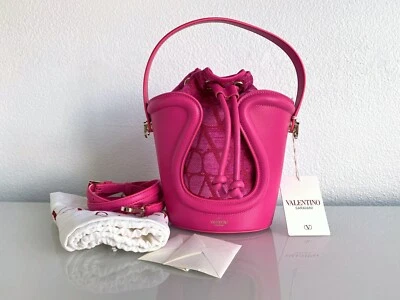 ¡NUEVO CON ETIQUETAS! ¡NUEVO! Bolso de hombro VALENTINO de cuero rosa fucsia de lona dorada Foto 1 de 4