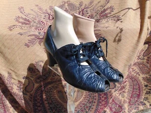 VTG 1940s Black Leather Open Toe Granny Oxfords Shoes sz8 - Picture 1 of 8