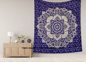 Blue Gold Ombre Mandala Indian Throw King Size Tapestries Wall Hanging Bedspread - Picture 1 of 2