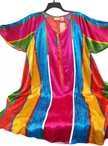 Serenada Multicolor Striped Short Sleeve Long Zippered Satin Robe 2X New T1035 - Picture 1 of 10