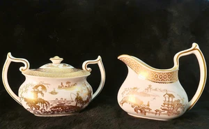 Spode Garden Y7046 Bone China Sugar Bowl and Creamer Set Vintage Gold Print - Picture 1 of 11