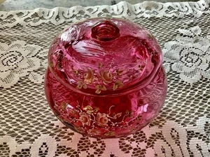 Vintage Fenton Kunstglas Cranberry Pulverdose HP Rosen Limited Edition #263/2500 - Bild 1 von 4