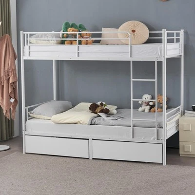 3Ft Metal Bunk Bed Frame Loft Sleeper Bed with Two Drawers Ladder Heavy White - Image 1 of 4