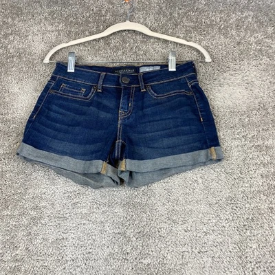 Aeropostale Midi Jean Shorts Women's 00 Blue Whisker Cuffed Low Rise Dark Wash - Image 1 of 4