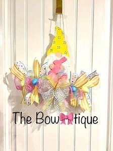 14 Zoll Ostern Frühling Band Schleife Kranz Schiene Wichtel gelb rosa Handarbeit Gr6 - Bild 1 von 12