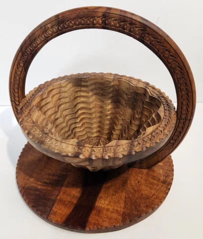 Handmade Collapsible Carved Wooden Basket Foldable Expandable Spiral Vintage Cover