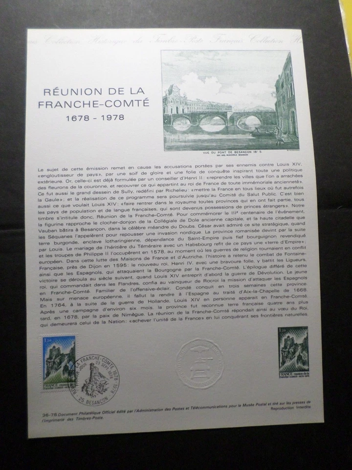 France 1978 Document FDC 1° Day Reunion Franche County', Bridge VF Stamp Bridge - Image 1 of 1