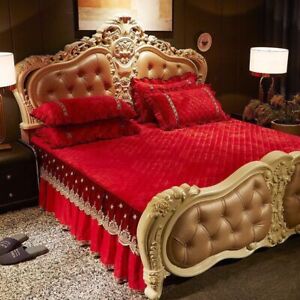   2023 Embroidered velvet bedspread ruffle bed skirt set soft and warm 3 pieces