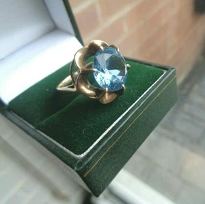 9ct Oro Anillo Grande Azul Topacio Contraste 1969 Birmingham Tendencia Tamaño J - Imagen 1 de 12