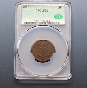 1871 2C Two-Cent Piece CAC VF30 Key Date Low Mintage Copper Coin - Picture 1 of 8