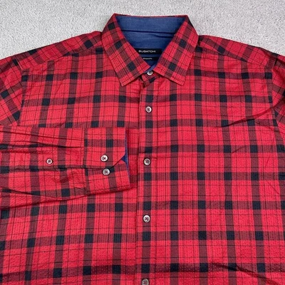 Bugatchi Shirt Mens Large Red Black Checkered Seersucker Shaped Fit Button Up - Image 1 of 4