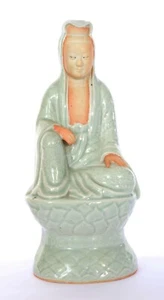 1900's Chinese Celadon Glaze Seated Kwan Yin Buddha Figurine Statue 12.2" - Picture 1 of 12