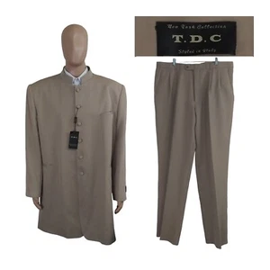 New TDC New York Mandarin Tan Beige Herringbone Suit 50R Unhemmed Pants 43X38 - Picture 1 of 15