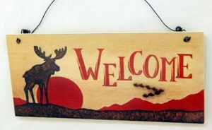 MOOSE WELCOME RUSTIC WOOD WALL SIGN BRAND NEW FREE SHIPPING - Picture 1 of 2