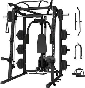 Smith Machine Power Cages, 2000lbs Squat Rack W/ Cable Crossover System Home Gym - Picture 1 of 12