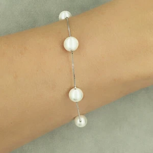Pearl 925 Sterling Silver Womens Pearls Bracelet Bangle Bridal Birthday Gift Her - Picture 1 of 11
