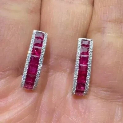 Created Red Ruby 2Ct Princess Diamond Hoop Huggie Earrings 14K White Gold Plated - Image 1 of 4