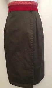 Carolina Herrera Khaki Cotton Skirt Knee Length Wrap Red Belt SZ 4 S - Picture 1 of 11