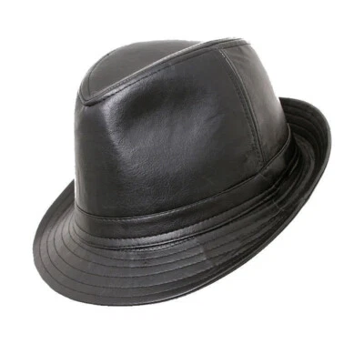 Unisex Black Trilby Leather Look PU Fashion Trilby Hat - Image 1 of 3