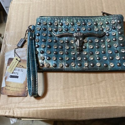 Montana West Oculto Llevar Verde azulado Tachonado Texas Longhorn Nuevo con Etiqueta Bolso sin asas Cartera Foto 1 de 4