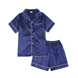 4-14Y Kids Boy Girl 2pcs Short Sleeve Pajama Set Button-up Silk PJS Sleepwear - Picture 1 of 22
