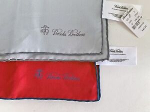 2 New Brooks Brothers 100% Silk Pocket Square 17x17 Grey,  Red w/ Blue **NWT