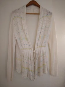 Moth Anthropologie Ivory Beaded Crochet Embroidered Cardigan Linen Blend Med - Picture 1 of 13