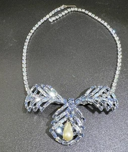 Vintage Blue Rhinestone, Faux Pearl Necklace, 15” - Picture 1 of 15