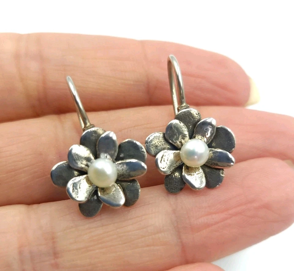 Silpada Sterling Silver Love Bloom Flower Pearl Wire Earrings Israel - Image 1 of 4