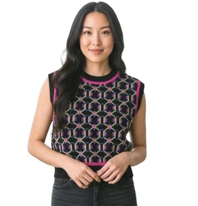 Chaleco Suéter So Mujer Talla Grande Rosa Negro Geo Sin Mangas Tejido Colorido Recortado - Imagen 1 de 14