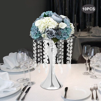 10 PIEZAS Jarrones de Plata Centros de Boda Soporte de Flores Decoración de Mesa con Cuentas de Cristal Foto 1 de 4