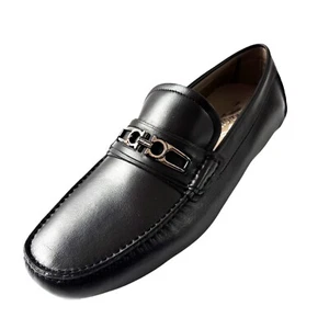 Ferragamo Lagos Gancini 9.5 EE Loafers Black Leather Men's Drivers Dress Slip-on - Picture 1 of 5