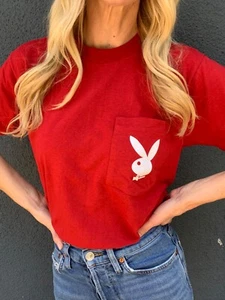 1980s VINTAGE 80s PLAYBOY MAGAZINE BUNNY RED POCKET TEE T-SHIRT SZ S - Picture 1 of 13