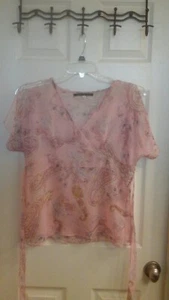 Chic Simple Blouse, Women's size medium, Pink Floral sheer, Tie Back, EUC - Picture 1 of 6