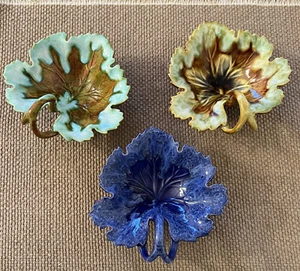3 Vintage Leaf Shaped Dishes Autumn Decor Double Loop Handles Pottery Studio - Picture 1 of 11