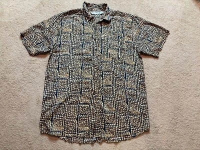 Vintage 90s Silk Geometric Button Up Blouse Mini Shirt Dress Short Sleeve Large - Image 1 of 4